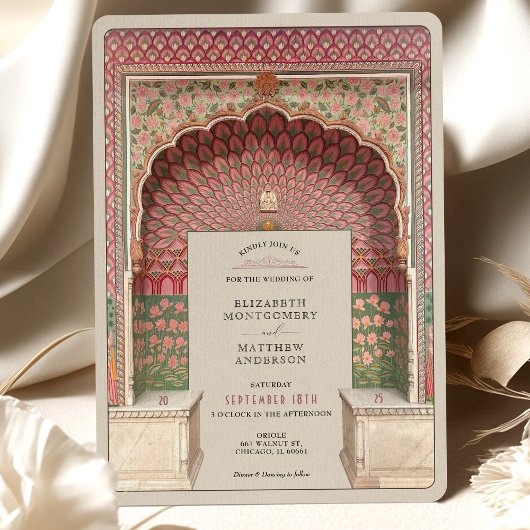 ラグジュアリーインディアンインスパイアス結婚ピーコックアーチモチーフ 招待状