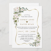 ラグジュアリーインペリアルホワイトリリーバラ結婚金ゴールドイン 招待状 (正面/裏面)