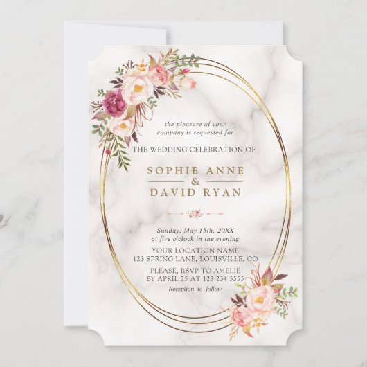 ラグジュアリーウォーターカラーピンクの花マーブル結婚ズ 招待状 (正面)