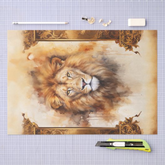 ラグジュアリーウォーターカラーライオンポートレートとフレ華美ーム 薄葉紙 (クラフト)