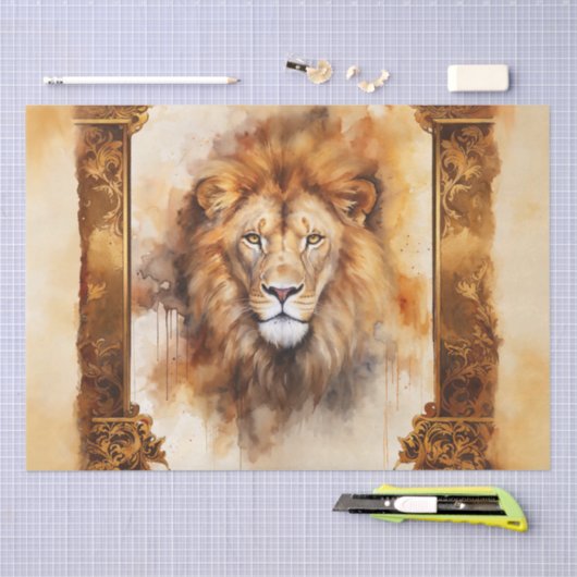 ラグジュアリーウォーターカラーライオンポートレートとフレ華美ーム 薄葉紙 (クラフト)