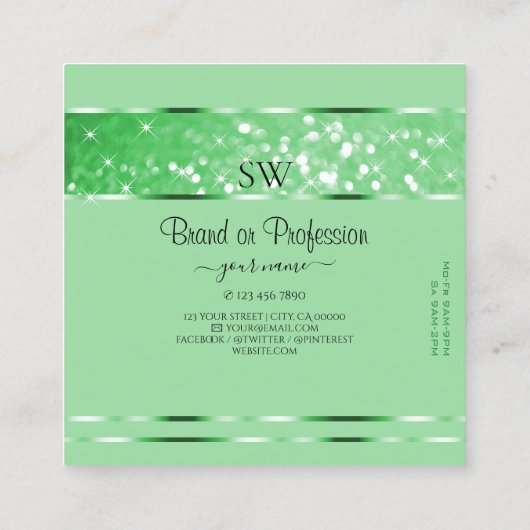 ラグジュアリーエメラルドグリーングリッタースターズアンドモノグラム スクエア名刺 (裏面)