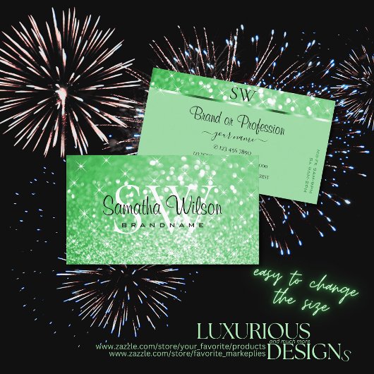 ラグジュアリーエメラルドグリーングリッタースターズアンドモノグラム スクエア名刺