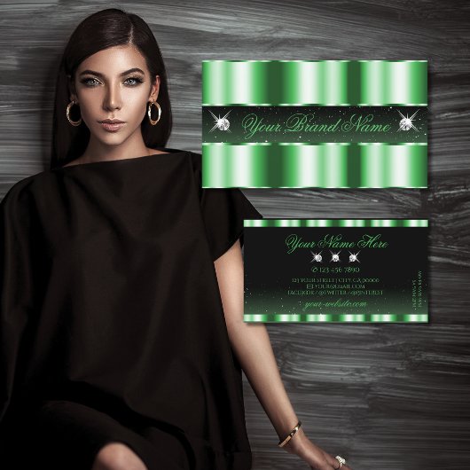 ラグジュアリーエメラルドグリーンブラックスパークルジュエリースタイリッシュ 名刺