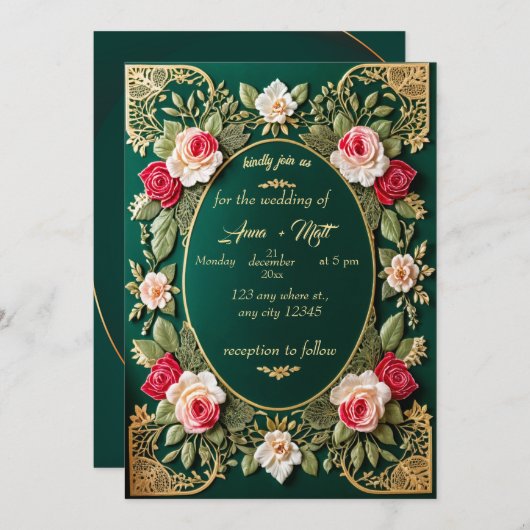 ラグジュアリーエメラルドグリーン結婚式招待状with Fl 招待状 (正面/裏面)