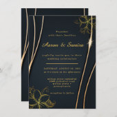 ラグジュアリーエレガントなブラックと金ゴールドのフローラ結婚ズ 招待状 (正面/裏面)