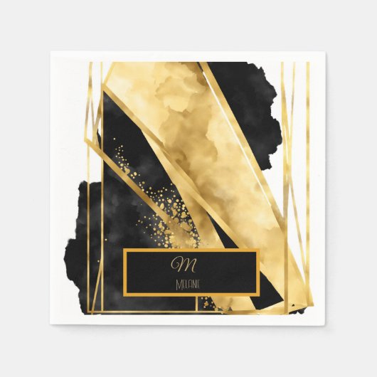 ラグジュアリーエレガントなブラック金ゴールドモノグラムモダングラム スタンダードカクテルナプキン (正面)