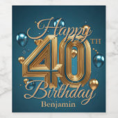 ラグジュアリーエレガントなブルーと金ゴールド40歳の誕生日 ワインラベル (シングルラベル)