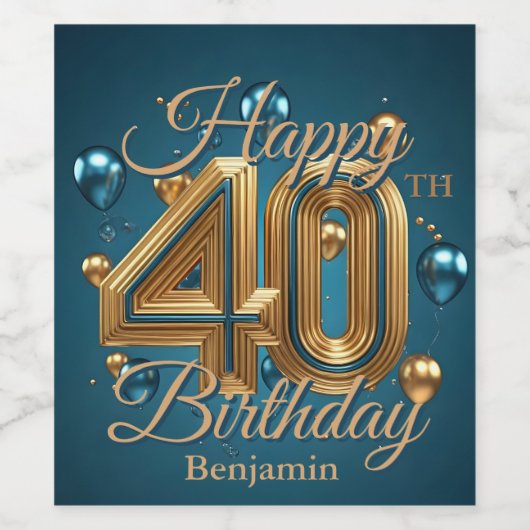 ラグジュアリーエレガントなブルーと金ゴールド40歳の誕生日 ワインラベル (シングルラベル)