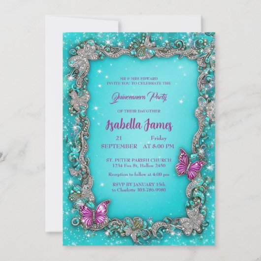 ラグジュアリーエレガントな蝶ターコイズパープルクラシー 招待状 (裏面)