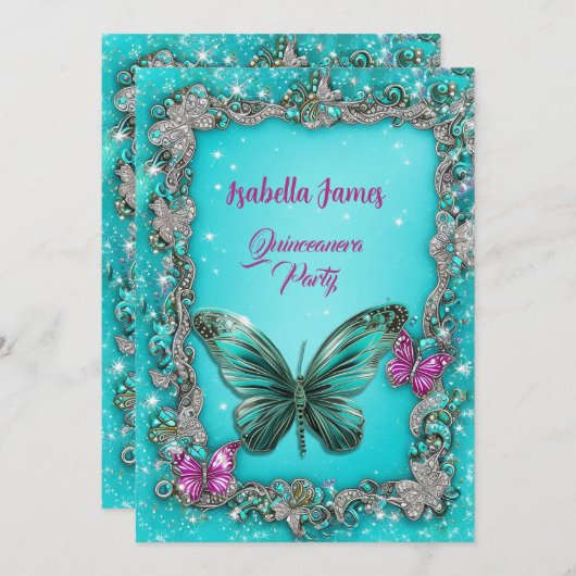 ラグジュアリーエレガントな蝶ターコイズパープルクラシー 招待状 (正面/裏面)