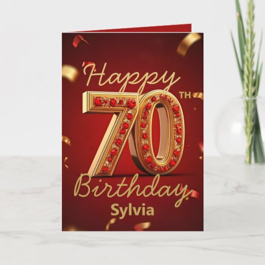 ラグジュアリーエレガントな金ゴールドとルビーレッド70誕生日 カード (正面)
