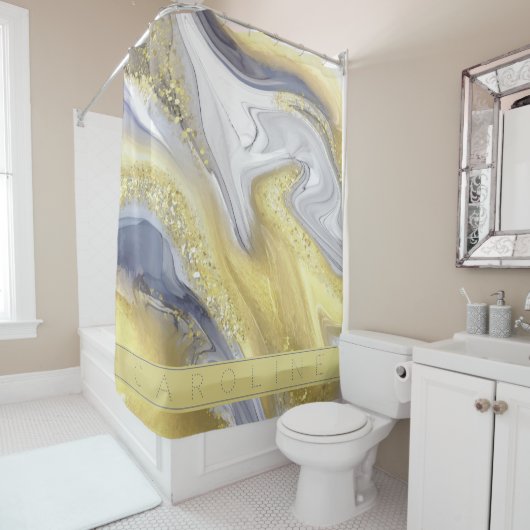 ラグジュアリーエレガントイエローグレー金ゴールド大理石エフェクト名 シャワーカーテン (インサイチュ)