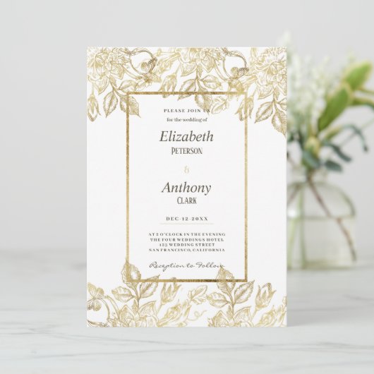 ラグジュアリーエレガントグラムホワイト金ゴールド結婚フローラ 招待状 (スタンド正面)
