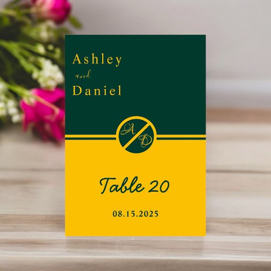 ラグジュアリーエレガントグリーンアンド金ゴールドモノグラム結婚ズ テーブルナンバー