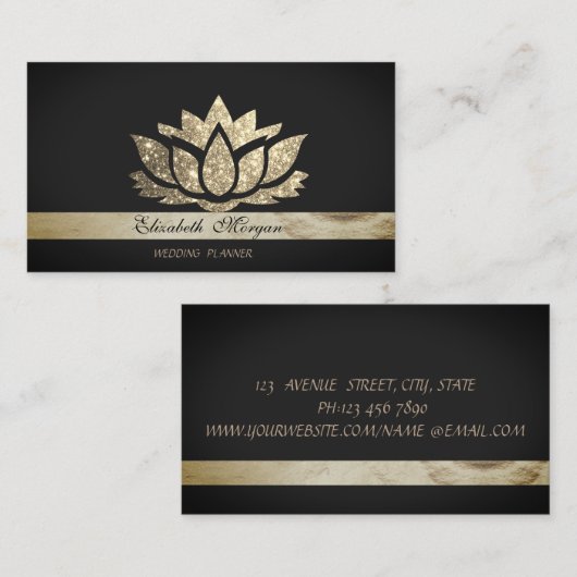 ラグジュアリーエレガントシックブラックフェイク金ゴールドグリッターロータス 名刺 (正面/裏面)