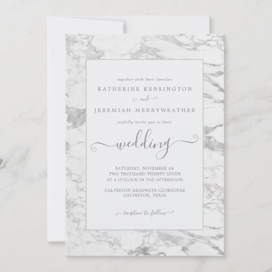 ラグジュアリーエレガントシルバーフォイルマーブル結婚ズ 招待状 (正面)