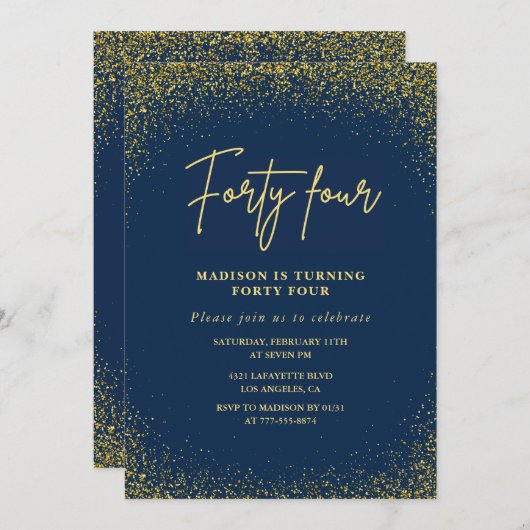 ラグジュアリーエレガントネイビー金ゴールドグリッター44th誕生日 招待状 (正面/裏面)