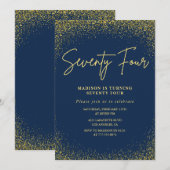 ラグジュアリーエレガントネイビー金ゴールドグリッター74歳の誕生日 招待状 (正面/裏面)