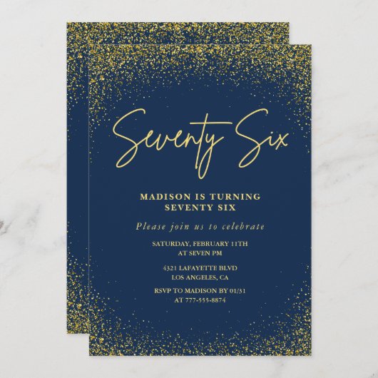 ラグジュアリーエレガントネイビー金ゴールドグリッター76歳の誕生日 招待状 (正面/裏面)