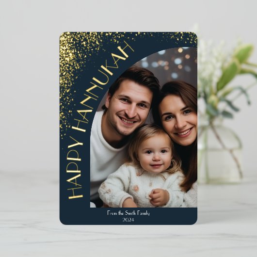 ラグジュアリーエレガントハッピーハヌカー | 挨拶モダン 箔招待状 (立ち正面)