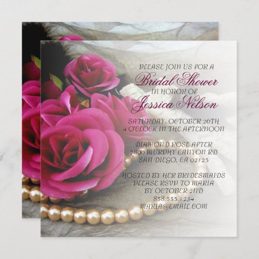 ラグジュアリーエレガントパールバラレースシャワー招待状 招待状 (正面/裏面)