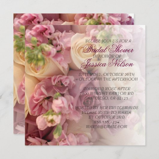 ラグジュアリーエレガントピンクローズブーケシャワー招待状 招待状 (正面/裏面)