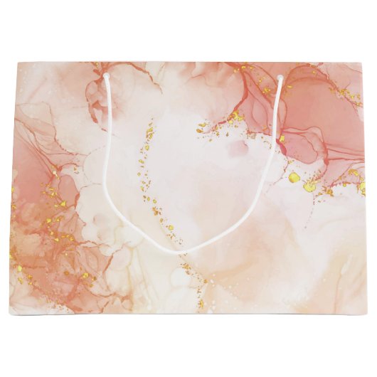 ラグジュアリーエレガントピーチと金ゴールドマーブルエフェクト ラージペーパーバッグ (正面)