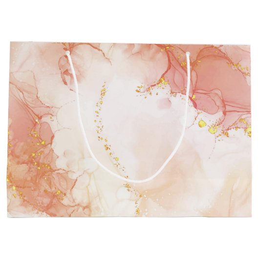 ラグジュアリーエレガントピーチと金ゴールドマーブルエフェクト ラージペーパーバッグ (裏面)