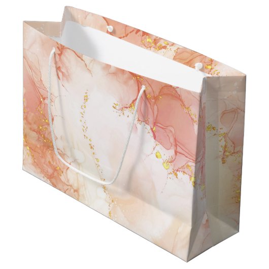 ラグジュアリーエレガントピーチと金ゴールドマーブルエフェクト ラージペーパーバッグ (正面アングル)