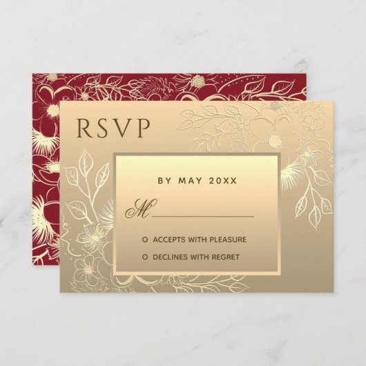 ラグジュアリーエレガントフローラ金ゴールドレース結婚式招待状 出欠カード (正面/裏面)