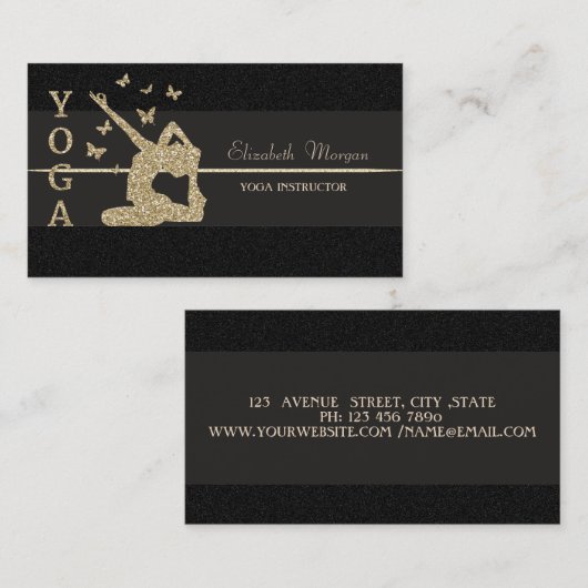 ラグジュアリーエレガントブラックグリッターガールヨガインストラクター 名刺 (正面/裏面)