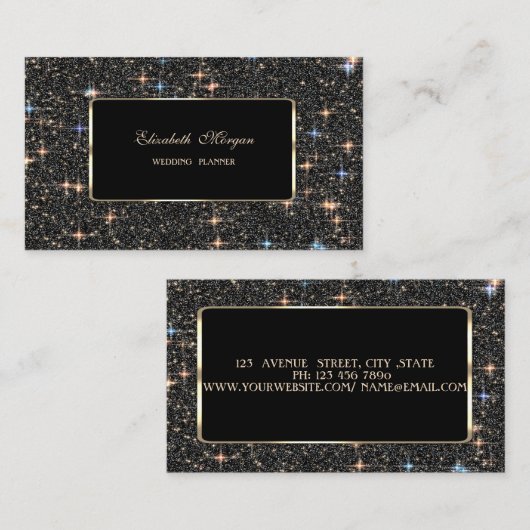 ラグジュアリーエレガントブラックスパークルグリッター《写真》ぼけ味 名刺 (正面/裏面)