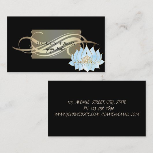 ラグジュアリーエレガントブラックロータスブルーヨガ 名刺 (正面/裏面)