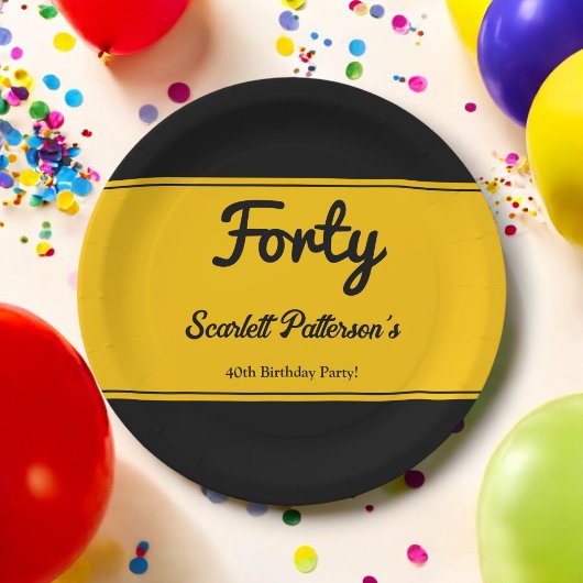 ラグジュアリーエレガントブラック&金ゴールドシック40th誕生日 ペーパープレート