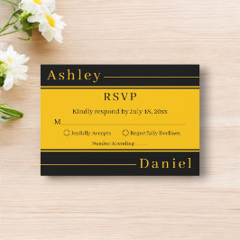 ラグジュアリーエレガントブラック&金ゴールドストライプズシッ結婚クス 出欠カード