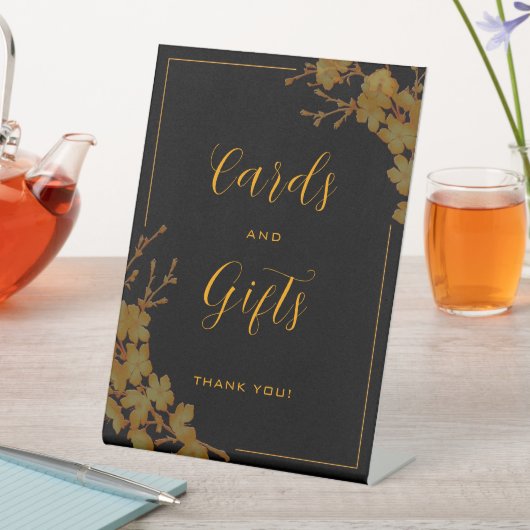 ラグジュアリーエレガントブラック&金ゴールドフローラカードギフト 台座サイン (インサイチュ)