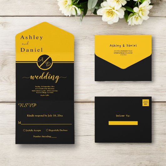 ラグジュアリーエレガントブラック&金ゴールドモノグラム結婚ズ オールインワン招待状