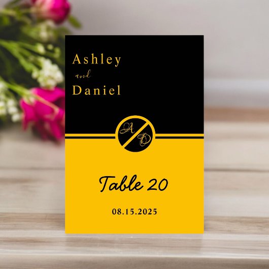 ラグジュアリーエレガントブラック&金ゴールドモノグラム結婚ズ テーブルナンバー