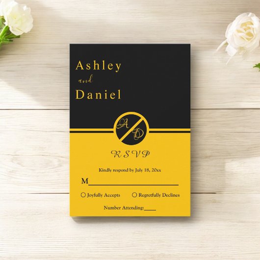 ラグジュアリーエレガントブラック&金ゴールドモノグラム結婚ズ 出欠カード