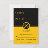 ラグジュアリーエレガントブラック&金ゴールドモノグラム結婚ズ 出欠カード (正面)