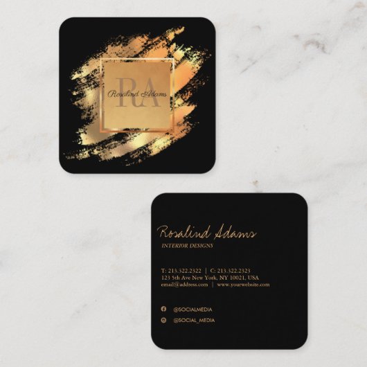 ラグジュアリーエレガントブラッシュストロークグラームフェイク金ゴールドモノグラム スクエア名刺 (正面/裏面)