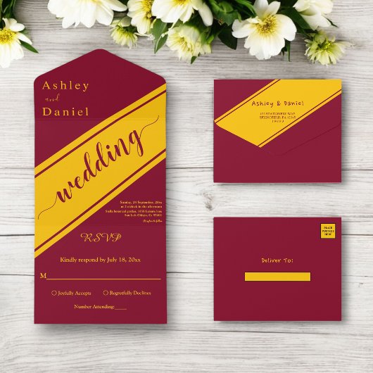 ラグジュアリーエレガントブルガンディと金ゴールドシック結婚ズ オールインワン招待状