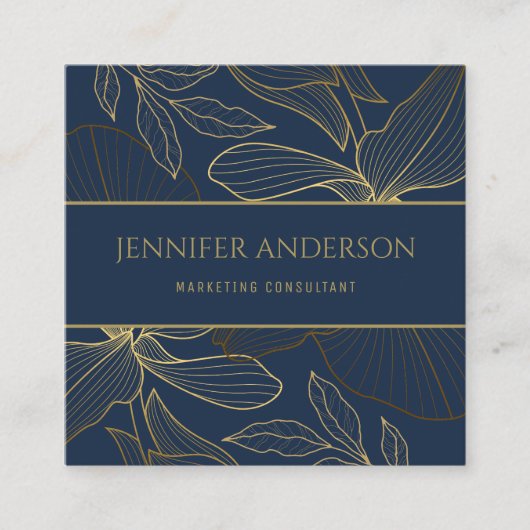 ラグジュアリーエレガントブルーネイビー金ゴールドワイルドリリー スクエア名刺 (正面)