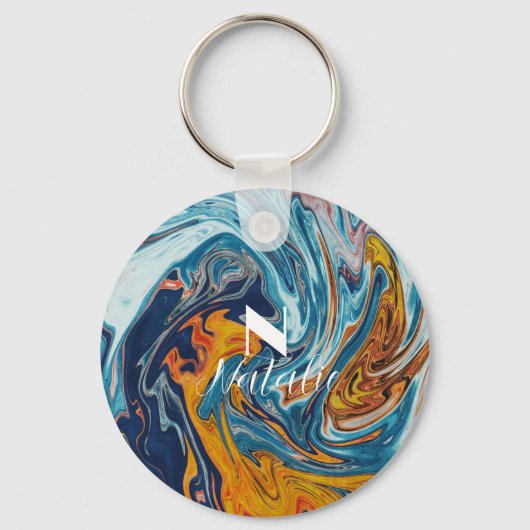 ラグジュアリーエレガントブルー金ゴールドモノグラム キーホルダー (正面)