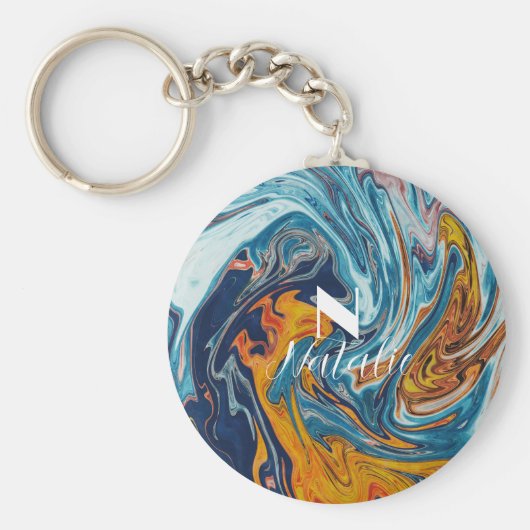 ラグジュアリーエレガントブルー金ゴールドモノグラム キーホルダー (正面)