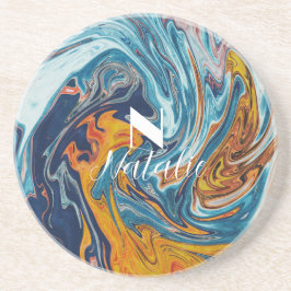 ラグジュアリーエレガントブルー金ゴールドモノグラム コースター