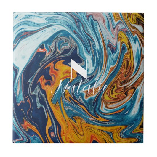 ラグジュアリーエレガントブルー金ゴールドモノグラム タイル (正面)