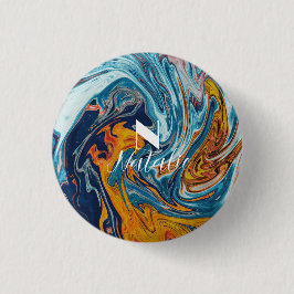 ラグジュアリーエレガントブルー金ゴールドモノグラム 缶バッジ