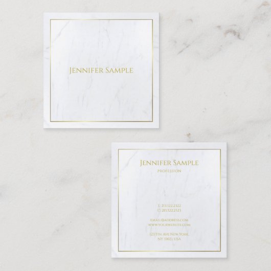 ラグジュアリーエレガントホワイトマーブル金ゴールド文字モダン スクエア名刺 (正面/裏面)